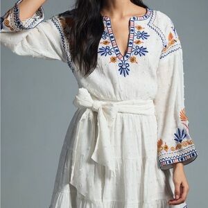 NWT Anthropologie Embroidered White Dress with Blue and Orange Accents,Sz M